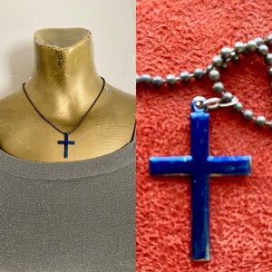 BLUE and GOLD Metal CROSS Pendant NECKLACE